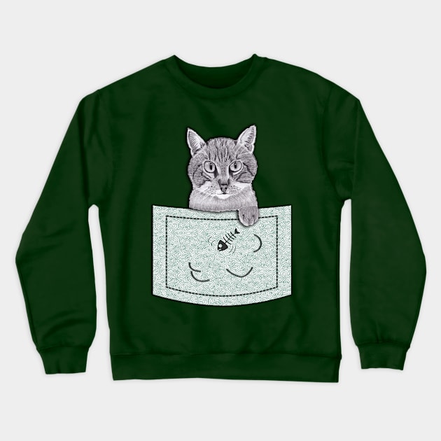 Cat Thief in Pocket! Pencil Drawings (Green) Crewneck Sweatshirt by Blissful Drizzle